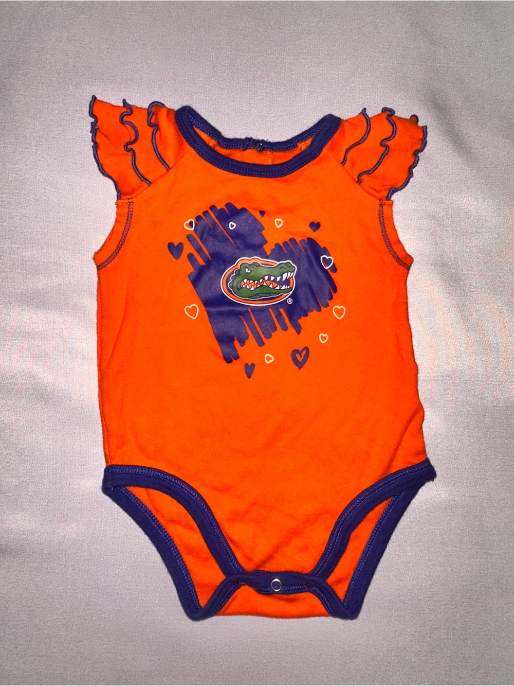 Baby Girl’s Orange and Navy Gators One-Piece Onesie Bodysuit with Heart Graphic - Picture 1 of 3